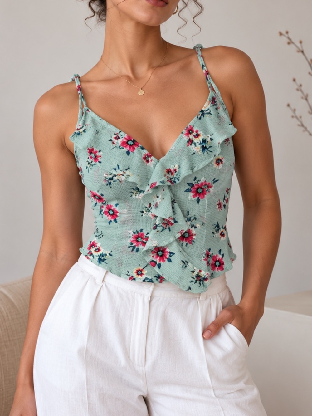 Floral Ruffle Cami Top - Mint Green